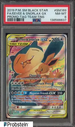 2019 Pokemon SM BSP Tag Team Tins #SM169 FA Eevee & Snorlax GX PSA 8 - Image 1