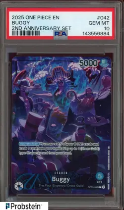 2025 One Piece EN 2nd Anniversary Set #042 Buggy PSA 10 GEM MINT - Image 1