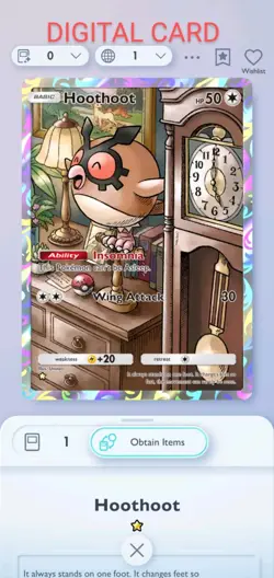 Pokemon Pocket Mobile Game Wisdom Of Sea And Sky Hoothoot ☆ Rare Digital Trade - Image 1