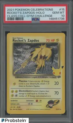 2021 Pokemon Celebrations Class. Coll Gym Challenge Rocket's Zapdos Holo PSA 10 - Image 1