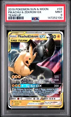 147252100 Pikachu & Zekrom 2019 Pokemon Sun Moon Team Up #33/181 Holo PSA 9 - Image 1