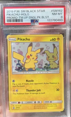 POKEMON Team Up SM Black Star Holo PROMO PIKACHU Card SM162 PSA 8 - Image 1