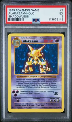 1999 POKEMON GAME SHADOWLESS #1 ALAKAZAM-HOLO PSA 5 - Image 1