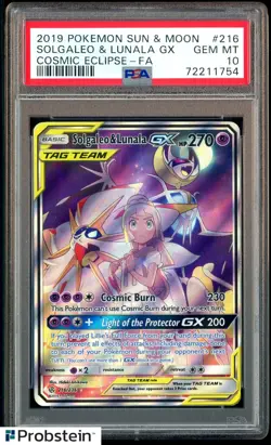 2019 Pokemon Sun & Moon Cosmic Eclipse #216 FA Solgaleo & Lunala GX PSA 10 - Image 1