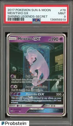 2017 Pokemon Sun & Moon Shining Legends Secret #78 Mewtwo GX PSA 9 MINT - Image 1