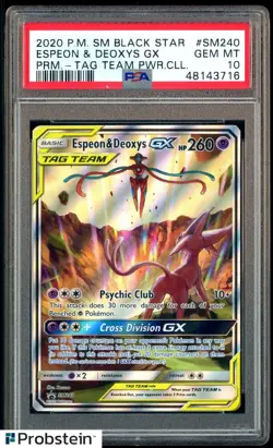 2020 Pokemon SM Black Star PromoTag Team PWR CLL SM240 Espeon & Deoxys Gx PSA 10 - Image 1