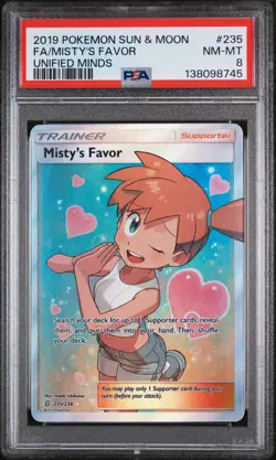 2019 POKEMON SUN & MOON UNIFIED MINDS #235 FULL ART/MISTY'S FAVOR PSA 8 - Image 1