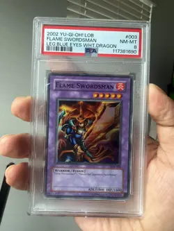 2002 YU-GI-OH! LOB-003 - LEGEND OF BLUE EYES WHITE DRAGON FLAME SWORDSMAN PSA 8 - Image 1