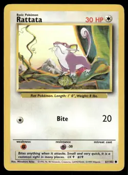 Rattata 1999 Base Set Unlimited WOTC Vintage Pokemon Card 61/102 (LP-NM) - Image 1