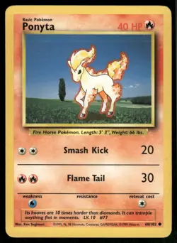Ponyta 1999 Base Set Unlimited WOTC Vintage Pokemon Card 60/102 (LP) - Image 1