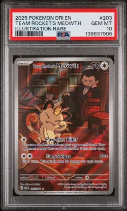 2025 POKEMON DESTINED RIVALS ILLUSTRATION RARE #203 TEAM ROCKET'S MEOWTH PSA 10 - Image 1