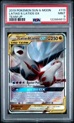 2019 POKEMON SUN & MOON TEAM UP #113 LATIAS & LATIOS GX PSA 9 - Image 1