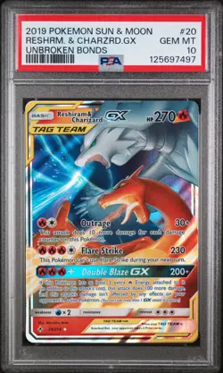 2019 POKEMON SUN & MOON UNBROKEN BONDS #20 RESHIRAM & CHARIZARD GX PSA 10 - Image 1