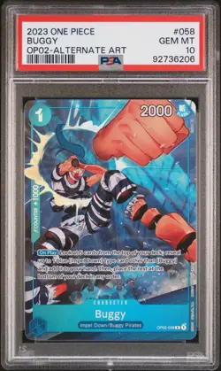 PSA 10 BUGGY OP02-058 Alt Art. One Piece TCG Paramount War 2023. POP 216 - Image 1
