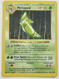 Metapod 54/102 Base Set Shadowless Pokemon - Light Play - Image 1