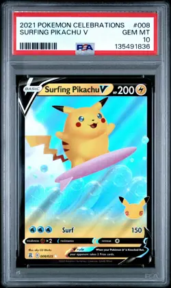 2021 POKEMON CELEBRATIONS #008 SURFING PIKACHU V PSA 10 - Image 1