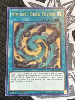 Yugioh Card TCG Ancient Gear Fusion LED2-EN032 Ultra Rare Holo 1st Edition NM - Image 1