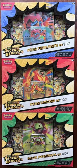 Pokemon TCG: Ascended Heroes Mega ex 3 Box Bundle w/Feraligatr, Emboar, Meganium - Image 1
