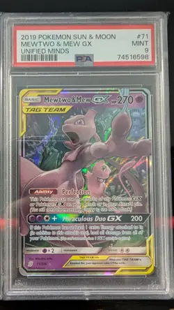 Pokemon Mewtwo & Mew GX 71/236 Unified Minds Ultra Rare Holo PSA 9 Slab - Image 1