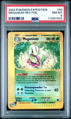 2002 POKEMON EXPEDITION #54 MEGANIUM-REVERSE FOIL PSA 8 - Image 1