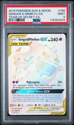 [PSA 9] Gengar & Mimikyu GX 186/181 Team Up Secret Rare Tag Team Rainbow POKEMON - Image 1