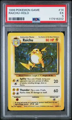 117916202 Raichu 1999 Pokemon Set Unlimited #14/102 Rare Holo PSA 5 - Image 1