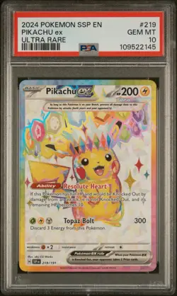 2024 POKEMON SSP EN-SURGING SPARKS ULTRA RARE #219 PIKACHU EX PSA 10 - Image 1