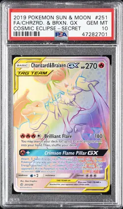 2019 POKEMON SUN & MOON COSMIC ECLIPSE FULL ART/CHARIZARD & BRAIXEN GX PSA 10 - Image 1