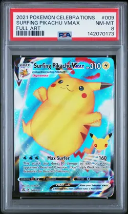 2021 POKEMON CELEBRATIONS #009 FULL ART/SURFING PIKACHU VMAX PSA 8 - Image 1