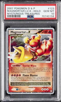 2007 POKEMON DIAMOND & PEARL MYSTERIOUS TREASURES MAGMORTAR LV.X-HOLO PSA 10 - Image 1