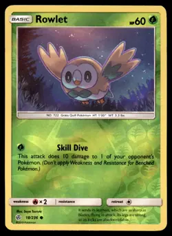 Rowlet 18/236 Common Cosmic Eclipse Pokemon Reverse Holo Near Mint - Image 1