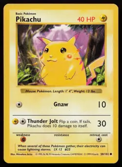 Pikachu (Red Cheeks) 58/102 Unlimited Base Set Shadowless Pokemon English MP - Image 1