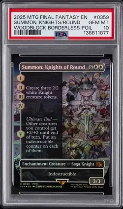 2025 MTG FINAL FANTASY WOODBLOCK BORDERLESS-FOIL SUMMON: KNIGHTS OF ROUND PSA 10 - Image 1