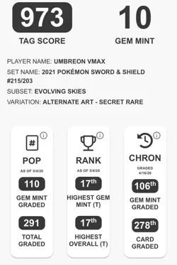 2021 POKEMON SWORD & SHIELD EVOLVING SKIES SECRET FULL ART/UMBREON VMAX TAG 10 - Image 3