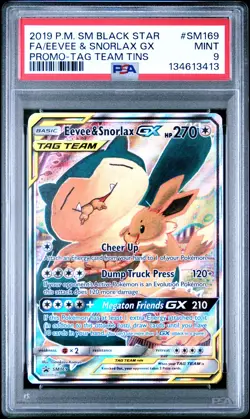 2019 POKEMON SM BLACK STAR PROMO TAG TEAM TINS FULL ART/EEVEE & SNORLAX GX PSA 9 - Image 1