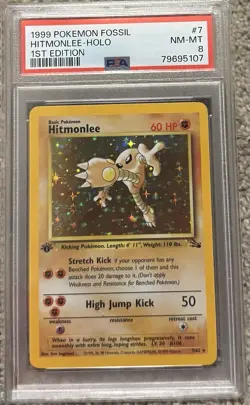 Pokemon 1999 Fossil Hitmonlee 7/62 Holo Rare 1st Edition PSA 8 - Image 1
