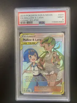 2019 POKEMON SUN & MOON COSMIC ECLIPSE #231 FULL ART/MALLOW & LANA PSA 9 - Image 1