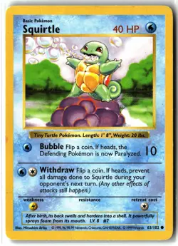 Squirtle ⭐ 63/102 Shadowless Base Set 1999 Pokemon NM - Image 1
