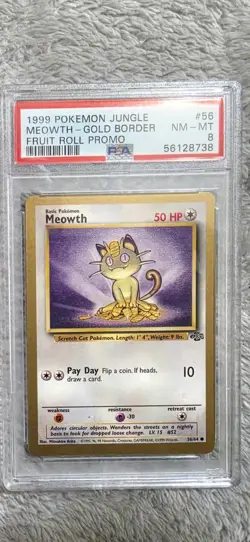 1999 POKEMON JUNGLE PROMO FRUIT ROLL PROMO #56 MEOWTH-GOLD BORDER PSA 8 - Image 1