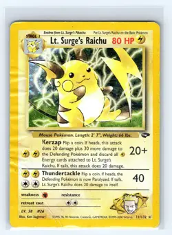 Pokemon TCG Lt. Surge's Raichu 11/132 Holo Rare Gym Challenge DMG - Image 1