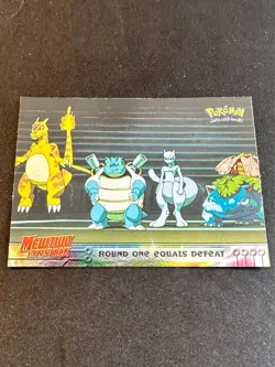 Round One Equals Defeat Topps HOLO Mewtwo Strikes Back Pokemon Blue Logo - VLP - Image 1