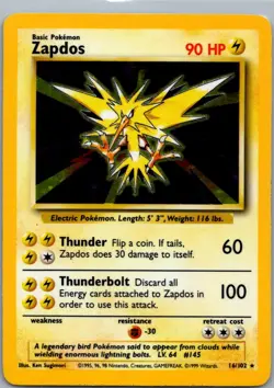 Zapdos 16/102 Holo Holo Rare Base Set Unlimited Pokemon Near Mint - Image 1