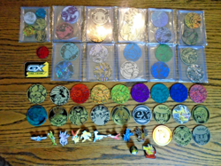 Pokemon Large Lot Of 47 Coins 9 Enamel Pins 1 Vintage Marble 1 GX Tag Team Token - Image 1