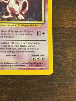Pokemon Mewtwo Base Set 10/102 Holo Rare 60 HP English Card 1999 - Image 4
