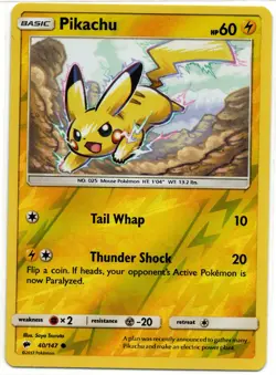 Pikachu Burning Shadows Reverse Holo #40/147 Common Near Mint Pokemon TCG - Image 1