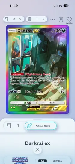 Pokemon TCG Pocket - Rainbow Rare Darkrai EX - ⭐⭐ -Spacetime Smackdown Dialga - Image 1