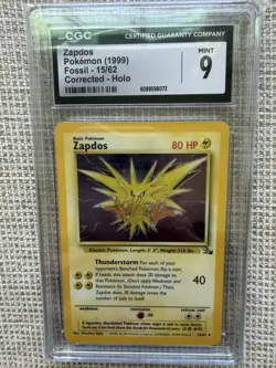 Pokemon Zapdos 15/62 1999 Fossil Holo Corrected CGC 9 - Image 1