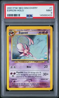 FART SWIRL CLEAN PSA 9 Mint Pokemon 1/75 Espeon Holo Neo Discovery 2001 - Image 1
