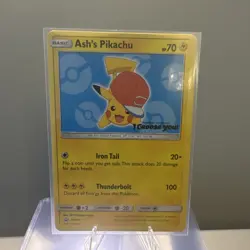 Pokemon Ash's Pikachu Promo Card SM114 2017 Iron Tail Thunderbolt Basic - Image 1