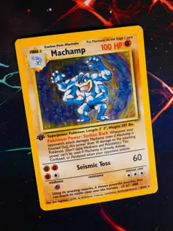 HP (4th Print 1999-2000) Pokemon MACHAMP Card BASE Set 8/102 Holo Rare 1st ed UK - Image 1